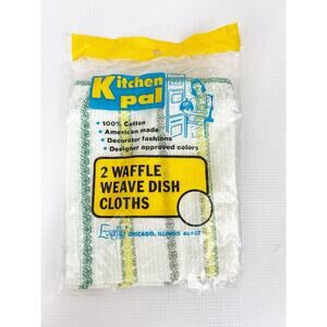 Vintage Excello Kitchen Pal 2 Waffle Weave Dish Cloths 100% Cotton Green Yellow